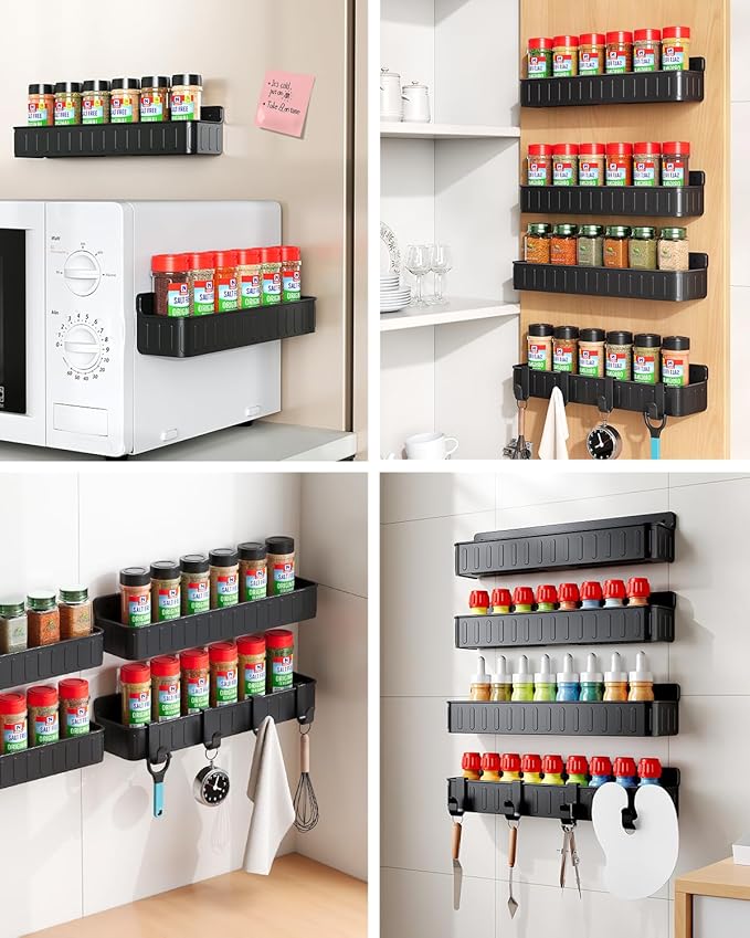 Nieifi Spice Rack Wall Mount, 4 Pack, Black, Screw or Adhesive Installation, Spice Rack Organizer for Your Kitchen Cabinet or Pantry Door - Image 7