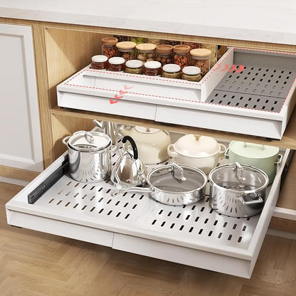 Seinloes 2 Pack Pull Out Cabinet Organizer With Raising Pad for Framed Cabinets,Expandable Width (15"-25") and Depth (17"-24"),3 Slide Rails Slide Out Drawers with Handle,No-Drill Roll Out Shelf,White by Seinloes
