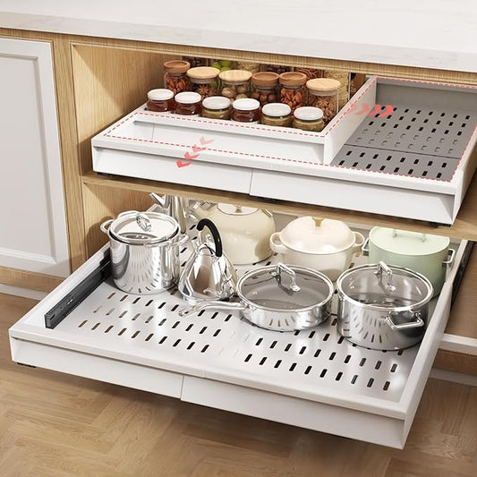 Seinloes 2 Pack Pull Out Cabinet Organizer With Raising Pad for Framed Cabinets,Expandable Width (15"-25") and Depth (17"-24"),3 Slide Rails Slide Out Drawers with Handle,No-Drill Roll Out Shelf,White by Seinloes