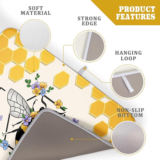 Giwawa Bee Kind Dish Drying Mat, Summer Bees Flowers Dish Drainer Mats for Kitchen Countertop, Yellow Honeycomb Absorbent Reversible Dish Drying Pad Decoration, 18x24inches, Large Size