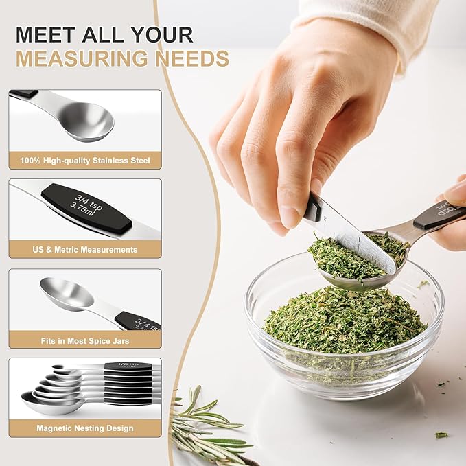 Stainless Steel Measuring Cups & Spoons Set, EWFEN Kitchen Tools Nesting Measuring Cups and Spoons, Fits in Spice Jars for Baking & Cooking, BPA Free, Set of 15 with Leveler, Black - Image 5