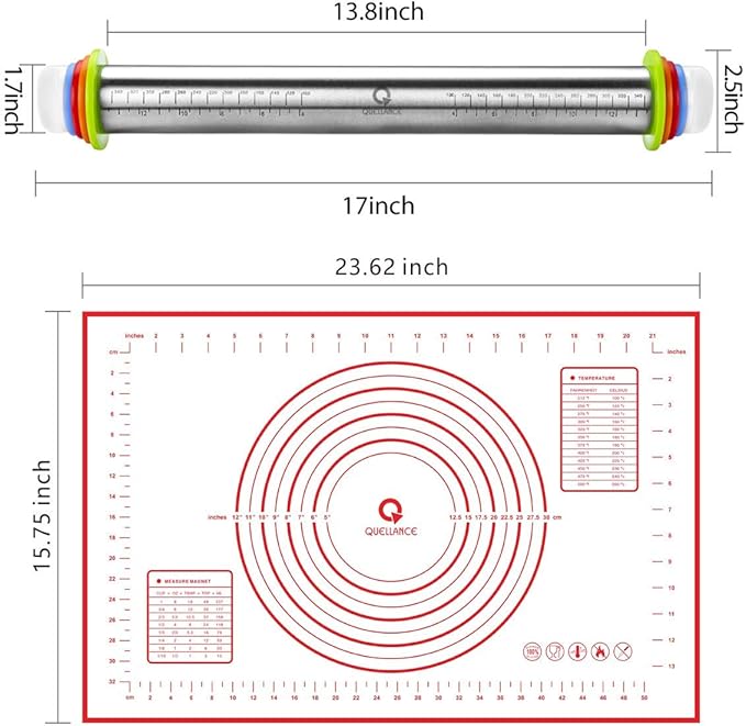 Rolling Pin and Pastry Baking Mat Set, Rolling Pins with Adjustable Thickness Rings, Stainless Steel Dough Roller for Baking Fondant, Pizza, Pie, Pastry, Pasta, Cookies (Red Mat) - Image 6