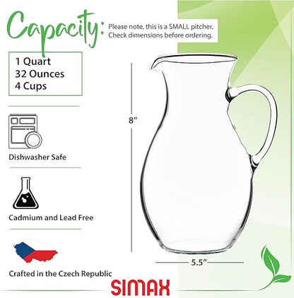 Simax Glass Pitcher With Spout, SMALL 1 Quart Borosilicate Glass Pitchers With Handle,Glass, Cocktail Pitcher, Margarita, Sangria, Beverage Pitchers - Image 2