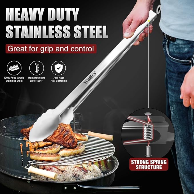 Tong for cooking, Walfos kitchen tongs set of 2 - Heat Resistant 600℉, Heavy Duty Locking Metal cooking Tongs, Stainless Steel BBQ Grilling,(All Metal 12in+16in) - Image 2