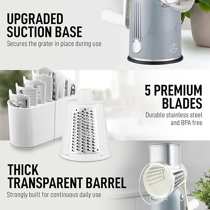 Zulay Kitchen Rotary Cheese Grater 5 Blade Cheese Shredder - Manual Hand Crank Cheese Grater With Reinforced Suction & 5 Interchangeable Drums - Easy to Use, Vegetable Chopper Round Mandoline Slicer - Image 8