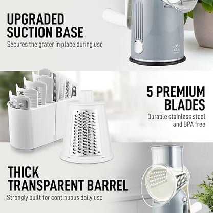 Zulay Kitchen Rotary Cheese Grater 5 Blade Cheese Shredder - Manual Hand Crank Cheese Grater With Reinforced Suction & 5 Interchangeable Drums - Easy to Use, Vegetable Chopper Round Mandoline Slicer - Image 8