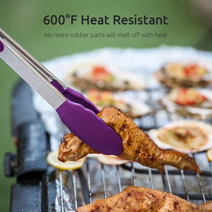 U-Taste Kitchen Tongs, 7/9/12 inches Cooking Tongs, with 600ºF High Heat-Resistant Non-Stick Silicone Tips, 18/8 Stainless Steel Handle, for Food Grill, Salad, BBQ, Frying, Serving, Pack of 3(Purple) - Image 3