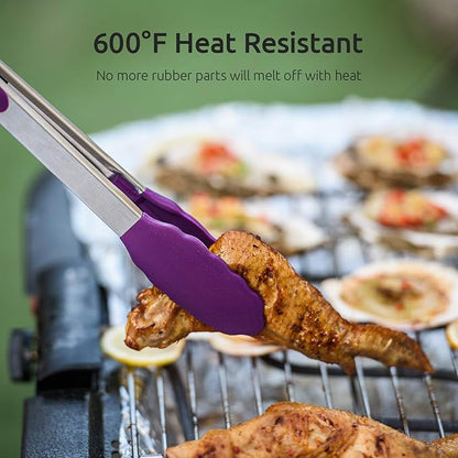 U-Taste Kitchen Tongs, 7/9/12 inches Cooking Tongs, with 600ºF High Heat-Resistant Non-Stick Silicone Tips, 18/8 Stainless Steel Handle, for Food Grill, Salad, BBQ, Frying, Serving, Pack of 3(Purple) - Image 3