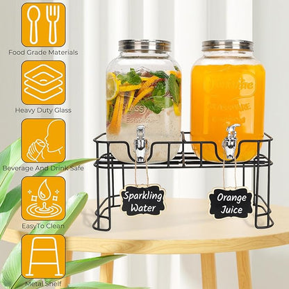 Glass Drink Dispensers For Parties, 2 PACK 1 Gallon Beverage Dispenser With Stand And Spigot Leak proof. Lemonade Dispenser With Ice Cylinder and Chalk board - Image 3