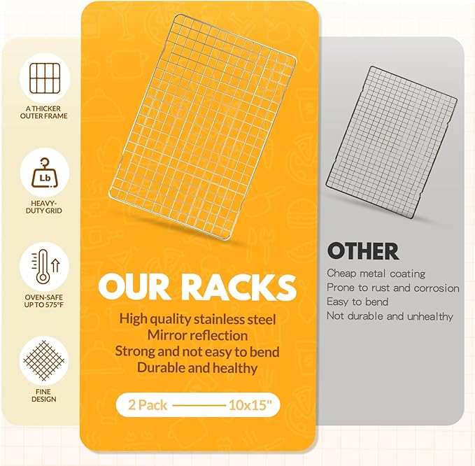 2 PCS Cooling Racks for Cooking and Baking, 15x10 Inches Stainless Steel Cooling Rack, Sheet Pan with Wire Rack for Baking Sheet, Bacon Rack Oven Safe Fits Jelly Roll Sheet Pan - Image 4