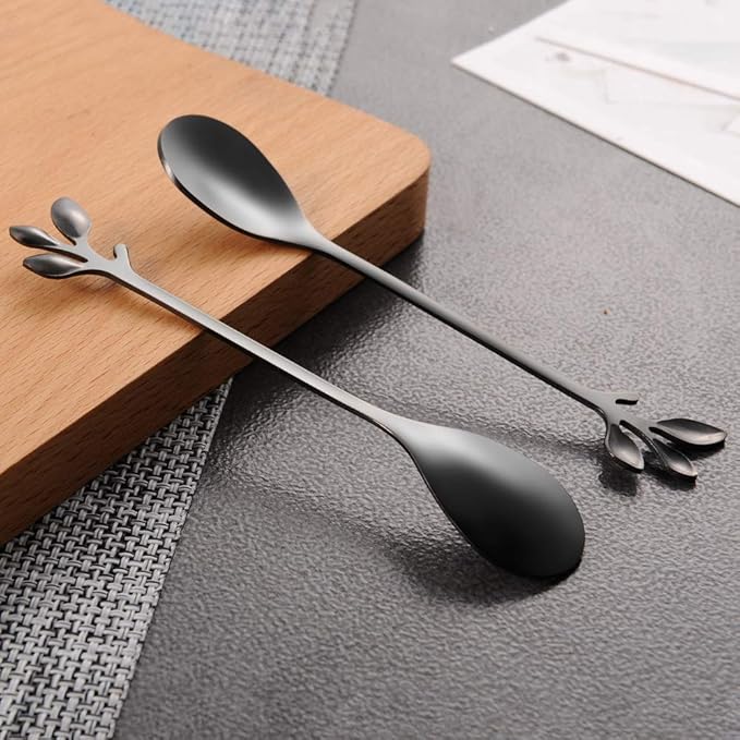 AnSaw Elegant Black Leaf Coffee Spoons - 10-Piece, 4.7" Mini Stainless Steel Espresso & Dessert Tea Spoons, Perfect for Demitasse & Small Servings - Image 6