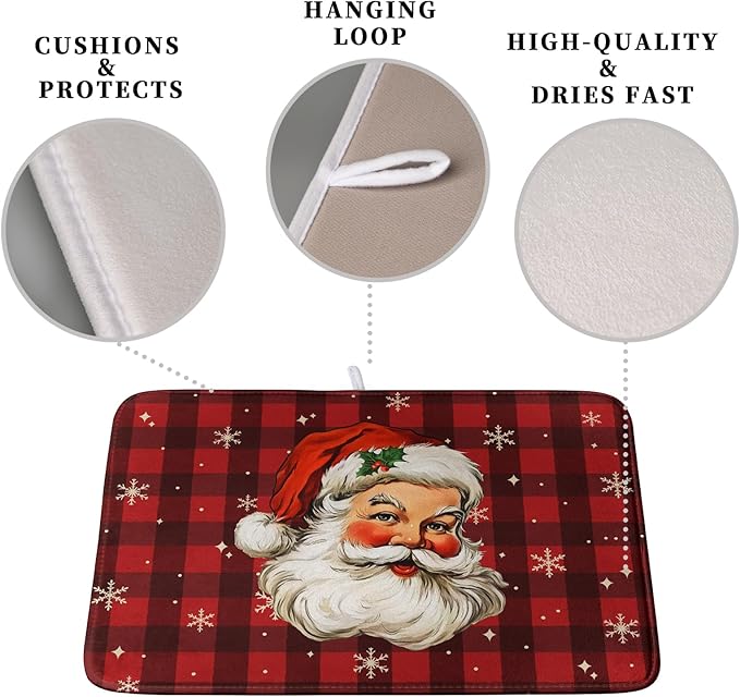 Santa Claus Christmas Dish Drying Mat Xmas Red and Black Buffalo Plaid Snowflake Drying Mats Winter Holiday Dishes Drying Pad Microfiber Absorbent Dish Drainer Rack Mat 18x24 Inch - Image 3