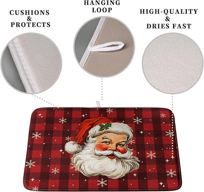Santa Claus Christmas Dish Drying Mat Xmas Red and Black Buffalo Plaid Snowflake Drying Mats Winter Holiday Dishes Drying Pad Microfiber Absorbent Dish Drainer Rack Mat 18x24 Inch - Image 3