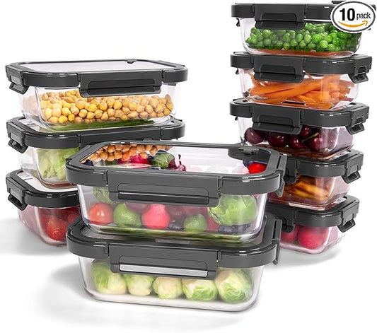 10-Pack Glass Food Storage Containers with Tempered Lids – Borosilicate, Airtight, Oven-Safe (-4°F~950°F), BPA-Free, 4.4 & 1.6 Cup, Leak-Proof, Dishwasher Safe (Gray) by BOROHOUSE