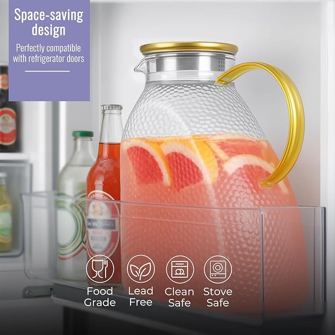 Glass Pitcher With Lid and Spout, 1.8 Liter 60 oz Glass Pitchers With Handle And Lid, Jug Water Pitchers For Fridge, Carafe Jar for Hot/Cold Water Iced Tea Juice Coffee Milk Beverage - Image 3