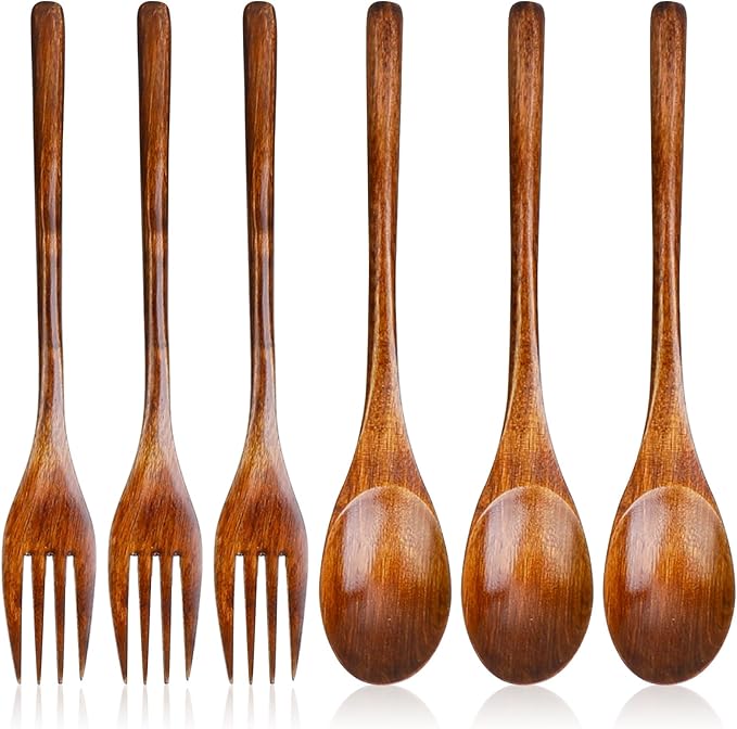 6 Pcs Wooden Forks and Spoons Reusable Wooden Spoons Forks Set Eating Utensil Set wooden Cutlery Wood Dinnerware Set Wood Kitchen Tableware Bamboo Utensils for Stirring Cooking Eating by Unknown