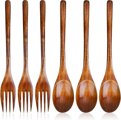 6 Pcs Wooden Forks and Spoons Reusable Wooden Spoons Forks Set Eating Utensil Set wooden Cutlery Wood Dinnerware Set Wood Kitchen Tableware Bamboo Utensils for Stirring Cooking Eating by Unknown