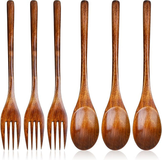 6 Pcs Wooden Forks and Spoons Reusable Wooden Spoons Forks Set Eating Utensil Set wooden Cutlery Wood Dinnerware Set Wood Kitchen Tableware Bamboo Utensils for Stirring Cooking Eating by Unknown