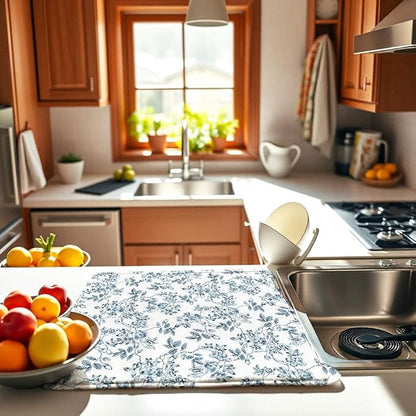 Floral Spring Small Dish Drying Mat for Kitchen Counter 16''x18''Microfiber Absorbent - Foldable, Quick-Dry, Non-Slip, Compact Plant Leaves Kitchen Drying Pad for Dishes, Countertops, and Cookware - Image 3