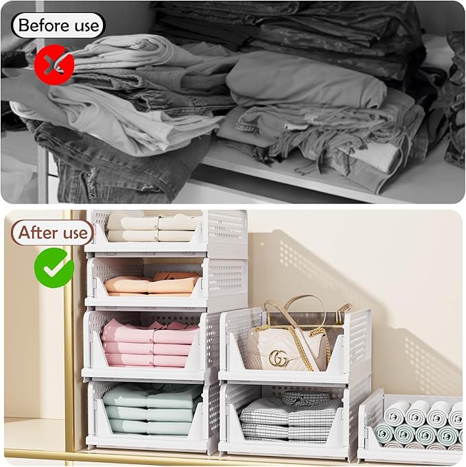 4 Pack Folding Closet Organizers Storage Box, Stackable Storage Bins, Plastic Drawer Basket Closet Storage for Wardrobe Cupboard Kitchen Bathroom Office White-4L - Image 5