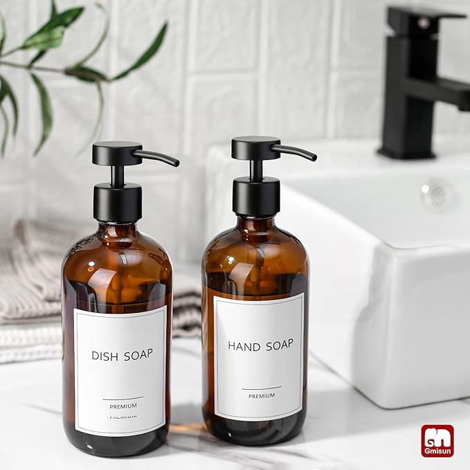 GMISUN Amber Glass Soap Dispenser, 2 Pack Bathroom Hand Soap Dispensers with Stainless Steel Flat Pump, 17 Fl Oz Kitchen Dish Soap Dispenser, Modern Vintage Liquid Brown Soap Dispensers Bottle Set - Image 4