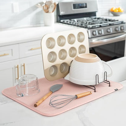 S&T INC. Dish Drying Mat XL, 18” x 24”, Absorbent Microfiber Kitchen Counter Mat, Drying Pad for Dishes, Utensils, Pots and Pans, Extra Large, Diamond Texture, Pink - Image 2