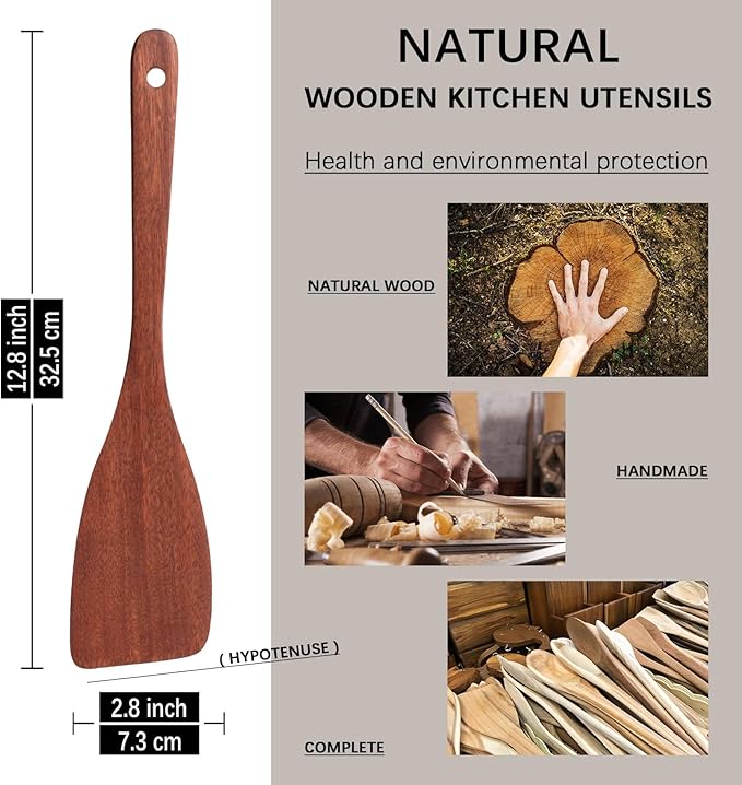2PCS Wooden Spatulas for Cooking, 12.8inch Coated Mahogany Turners for Frying, Non-Scratch Wood Bevel Spurtle for Pan & Wok, Wooden Cooking Utensils for Non Stick Cookware, Long Handle Scraper - Image 2