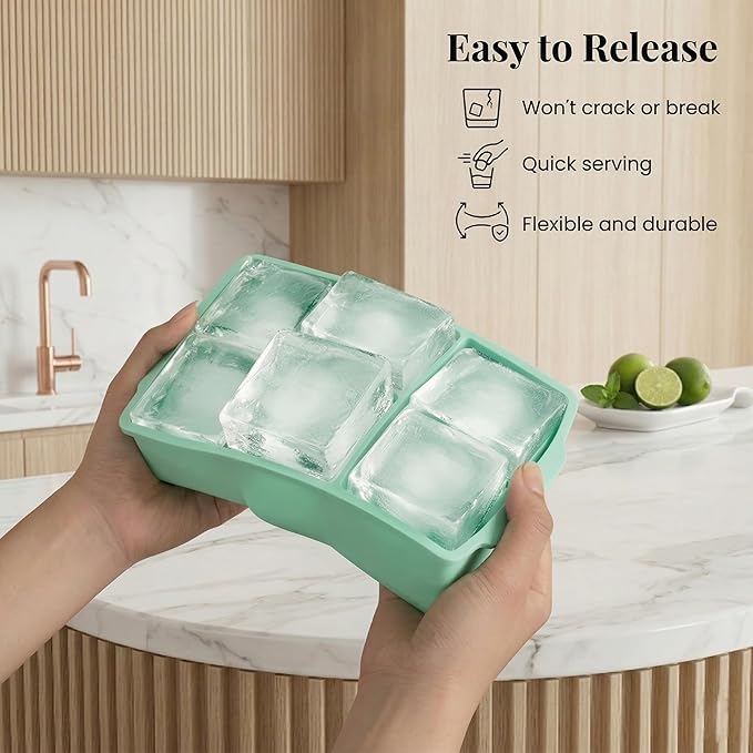 KitchFort Large Silicone Ice Cube Tray (3-Pack), Easy Release 2" Big Ice Cubes - Cocktail, Whiskey Ice Cubes Mold - Ice Trays for Freezer with Lid - Stackable Silicone Ice Tray - Green - Image 3