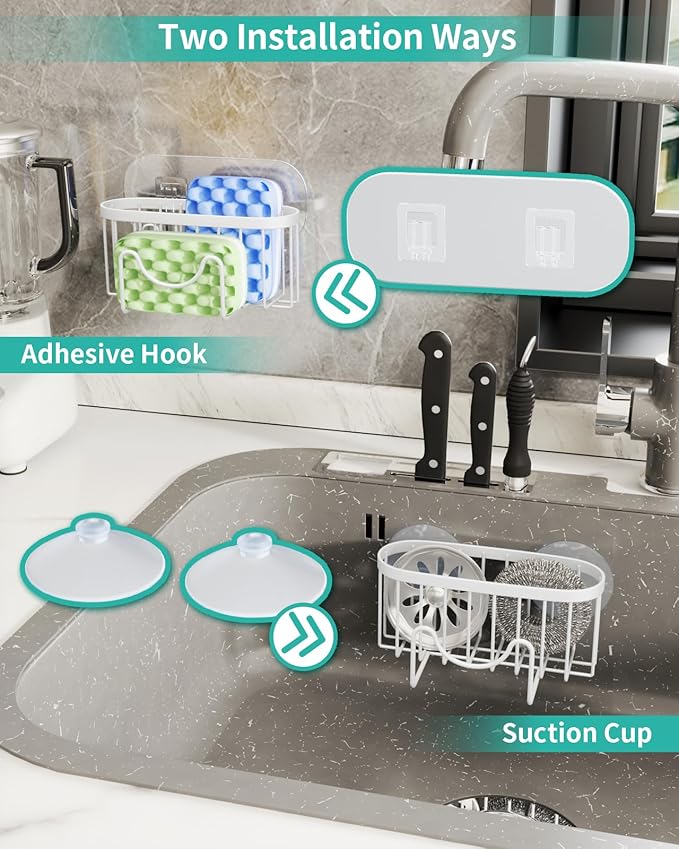 HapiRm Sponge Holder for Kitchen Sink - Sink Caddy with Unique M-Shaped, 2 Installation Methods Kitchen Organizer, Rustproof Stainless Steel Sponge Caddy - White - Image 3