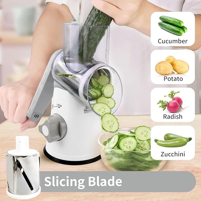 Rotary Cheese Grater, Manual Cheese Shredder with 3 Interchangeable Blades, Cheese Grater Hand Crank with Strong Suction Base, Easy to Use and Clean, White - Image 3