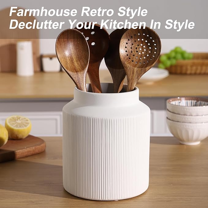 Farmhouse Ceramic Farmhouse Kitchen Utensil Holder for Countertop, Rustic Cooking Utensil Holder Crock Fit for Kitchen Counter. White 6.1 x 6.1 x 7 IN - Image 6