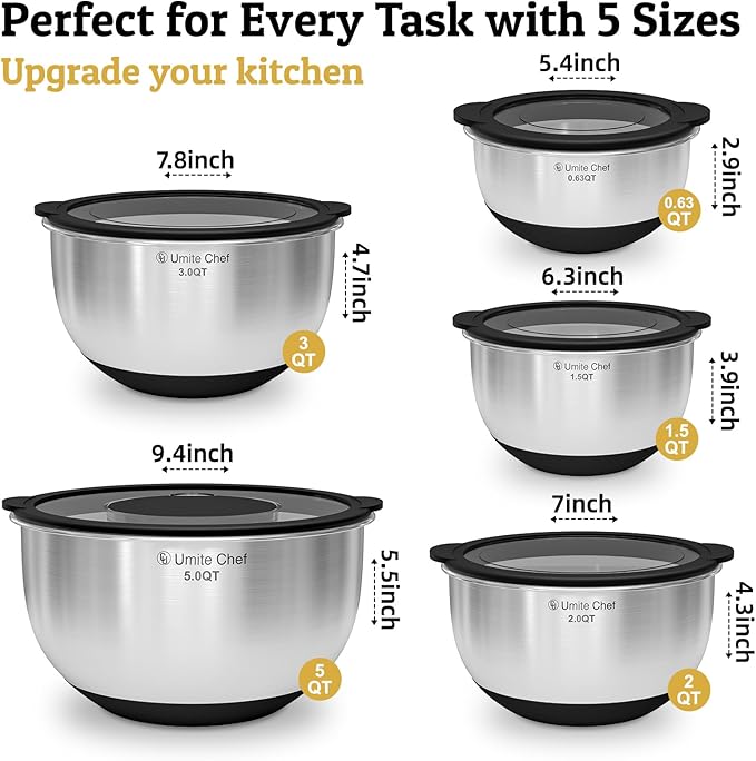 Mixing Bowls with Lids Set - Non-Slip, Airtight Warp-Proof TPR-AS Lids, Thicker Stainless Steel Bowls, Measurement Lines & 3 Graters, Prep Meal Bowl, Black Nesting Bowl for Kitchen, 5/3/2/1.5/0.63QT - Image 2