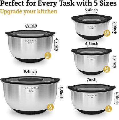 Mixing Bowls with Lids Set - Non-Slip, Airtight Warp-Proof TPR-AS Lids, Thicker Stainless Steel Bowls, Measurement Lines & 3 Graters, Prep Meal Bowl, Black Nesting Bowl for Kitchen, 5/3/2/1.5/0.63QT - Image 2