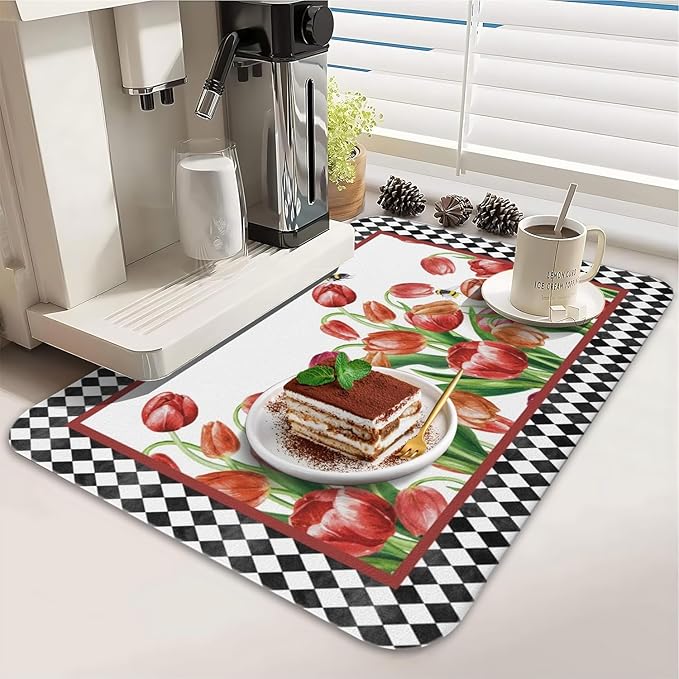 Dish Drying Mat for Kitchen Counter 2 Pack with Non-Slip Rubber Backing - Heat-Resistant Absorbent Coffee Bar Mat, Dish Rack Mat, Tulips Dish Drying Mats 18x24+19.5x12 inch