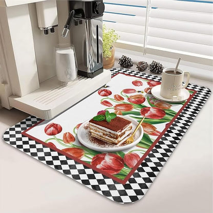 Dish Drying Mat for Kitchen Counter 2 Pack with Non-Slip Rubber Backing - Heat-Resistant Absorbent Coffee Bar Mat, Dish Rack Mat, Tulips Dish Drying Mats 18x24+19.5x12 inch