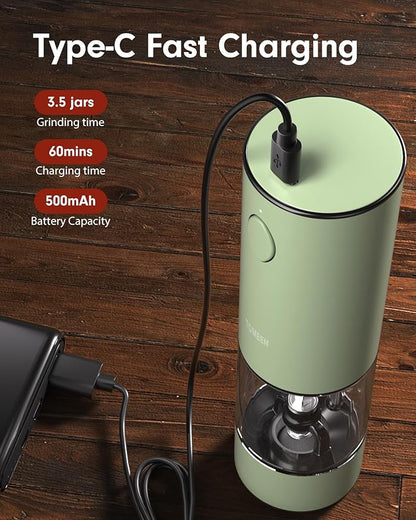 TOMEEM Upgraded Larger Capacity Electric Salt and Pepper Grinder Set Rechargeable with LED lights, Stainless Steel Automatic Pepper and Salt Grinder Refillable with 5 Adjustable Coarseness Green - Image 3