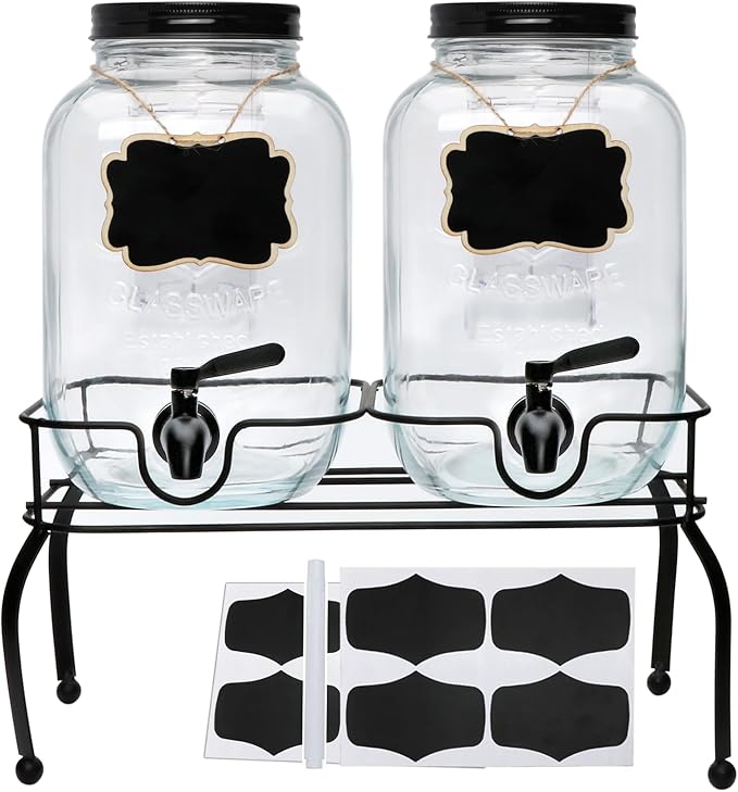1-Gallon Drink Dispenser,Accguan Glass Water Dispenser with Black Tin Lid and Black Stainless steel faucet,Black Iron Frame,Mason Drink Dispenser for Parties, Picnics, Barbecues and Daily,2 pack