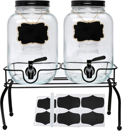 1-Gallon Drink Dispenser,Accguan Glass Water Dispenser with Black Tin Lid and Black Stainless steel faucet,Black Iron Frame,Mason Drink Dispenser for Parties, Picnics, Barbecues and Daily,2 pack