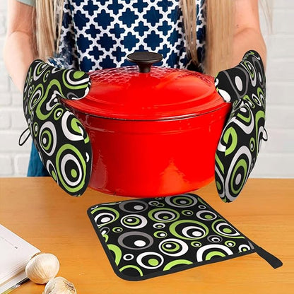 Black Green Retro - Geometric Oven Mitts and Pot Holders Set of 3, Non-Slip Heat Resistant Green and Black White Circle Pattern Kitchen Gloves for Cooking Baking Grilling, Gift for Women, Home Decor