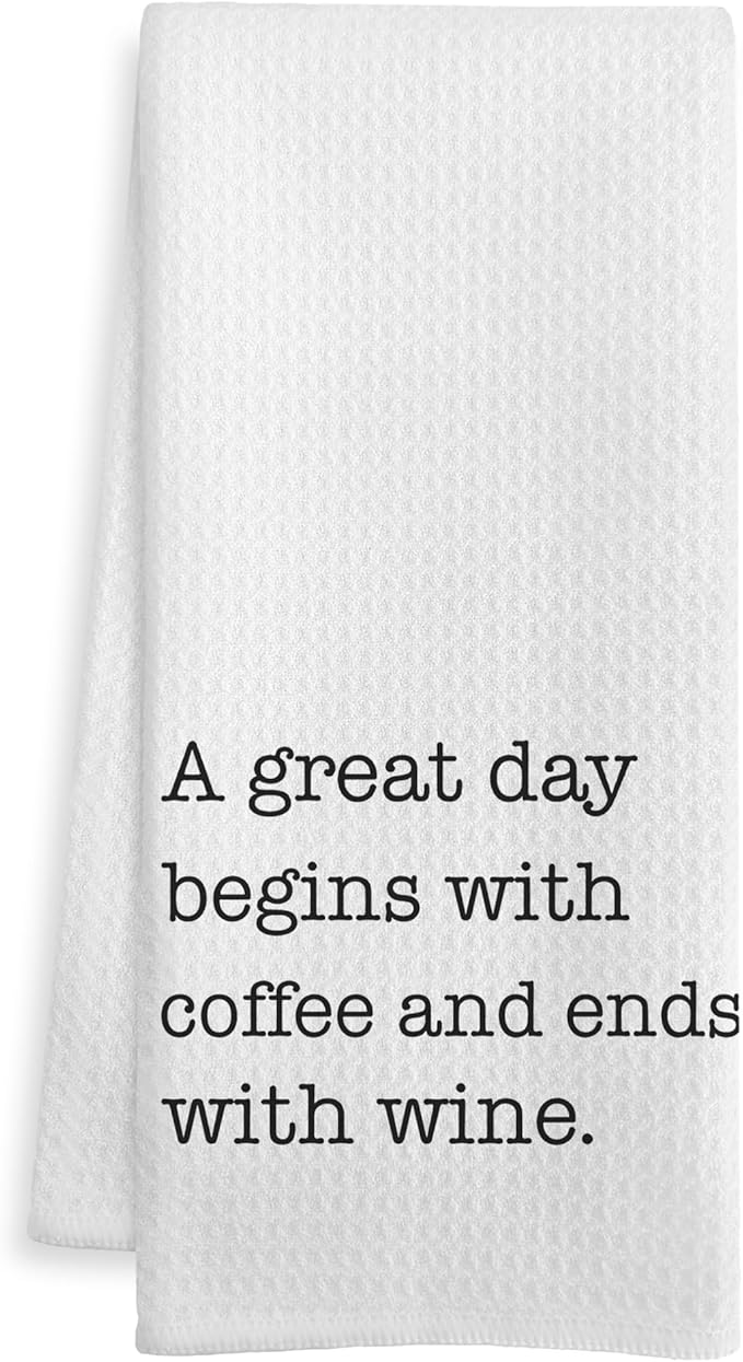 Funny Kitchen Bar Towels, Coffee Wine Lover Gifts Dish Tea Towels for Kitchen, A Great Day Begins with Coffee and Ends with Wine Decorative Hand Towel, 16x24 Inch