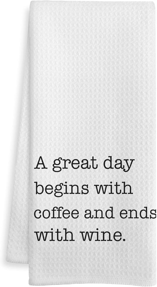 Funny Kitchen Bar Towels, Coffee Wine Lover Gifts Dish Tea Towels for Kitchen, A Great Day Begins with Coffee and Ends with Wine Decorative Hand Towel, 16x24 Inch