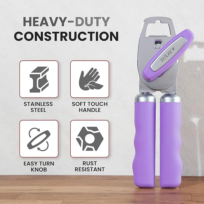 Zulay Kitchen Heavy Duty Stainless Steel Can Opener Manual with Bottle Opener - Rust Proof Manual Can Opener With Turn Knob & Comfy Soft Grip Handles - Lavender - Image 3