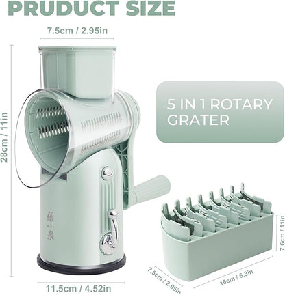Rotary Cheese Grater Manual Hand Crank with 5 Blades & Suction Base, Kitchen Vegetable Shredder Slicer for Veggie, Nuts, Fruit, Green