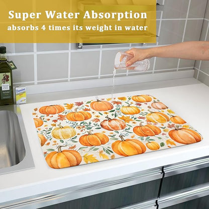 Fall Pumpkin Thanksgiving Dish Drying Mat for Kitchen Counter 18x24 Autumn Leaves Harvest Theme Absorbent Reversible Microfiber Drying Mats Kitchen Countertop Protector Dishes Drainer Pad - Image 7