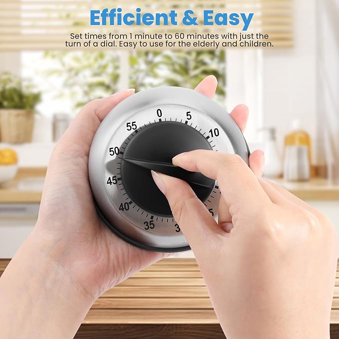 Kitchen Timer for Cooking, Chef Cooking Magnetic Timer - No Batteries Required - Loud Alarm, Mechanical Desk Manual Timers - Magnetic Clock Backing, Countdown Reminder - Stainless Steel Body - Image 2