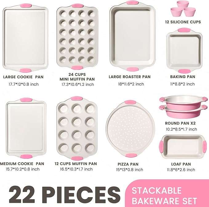 Kikcoin 22 PCS Nonstick Baking Pans Set, Stackable Bakeware Sets with Silicone Handles, 450°F Oven Safe Baking Sheet Set, Easy Release Cookie Sheets for Baking, Pink - Image 2