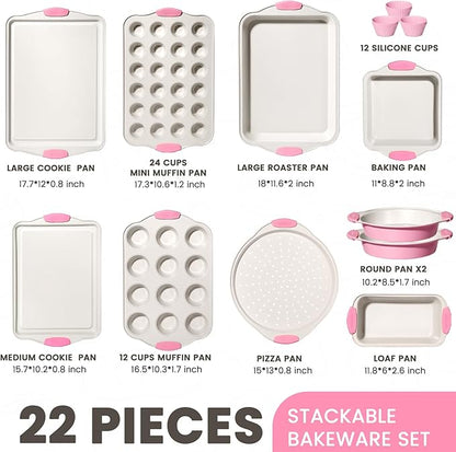 Kikcoin 22 PCS Nonstick Baking Pans Set, Stackable Bakeware Sets with Silicone Handles, 450°F Oven Safe Baking Sheet Set, Easy Release Cookie Sheets for Baking, Pink - Image 2