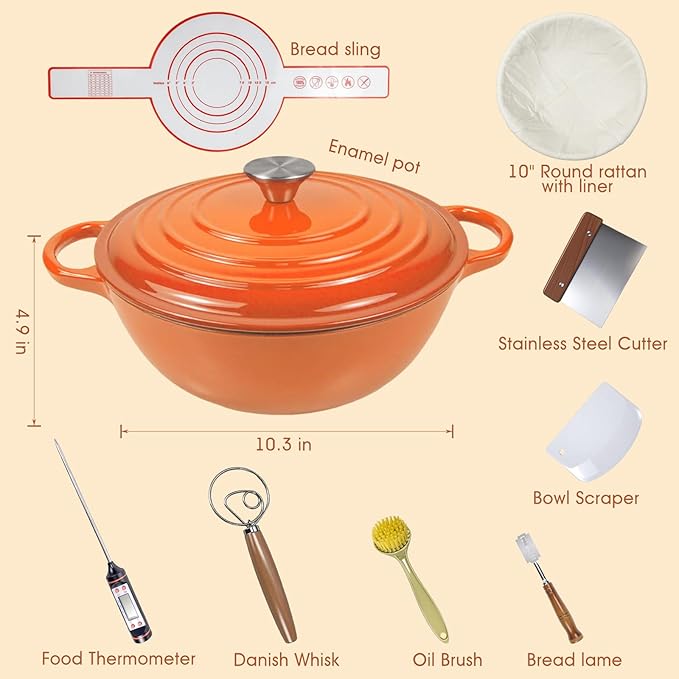 5QT Enameled Cast Iron Dutch Oven for Bread & Multi-Cooking – Complete Sourdough Starter Kit with Lid ,Probe Thermometer, Proofing Basket, Silicone Sling & Gift Packaging Bags,Oven Safe up to 500°F (Orange)