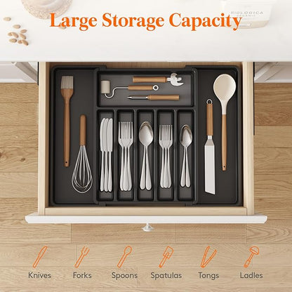 Lifewit Silverware Drawer Organizer, Expandable Utensil Tray for Kitchen, BPA Free Flatware and Cutlery Holder, Adjustable Plastic Storage for Spoons Forks Knives, 33 -57 x 42cm, Black and Gray - Image 4
