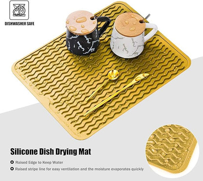 Large 14" x 11" Silicone Dish Drying Mat for Kitchen Counter, Easy clean, Quick Dry, Heat-resistant Dish Drainer Mat for Sink,Refrigerator or Drawer liner (Food Grade Silicone-Yellow) - Image 3